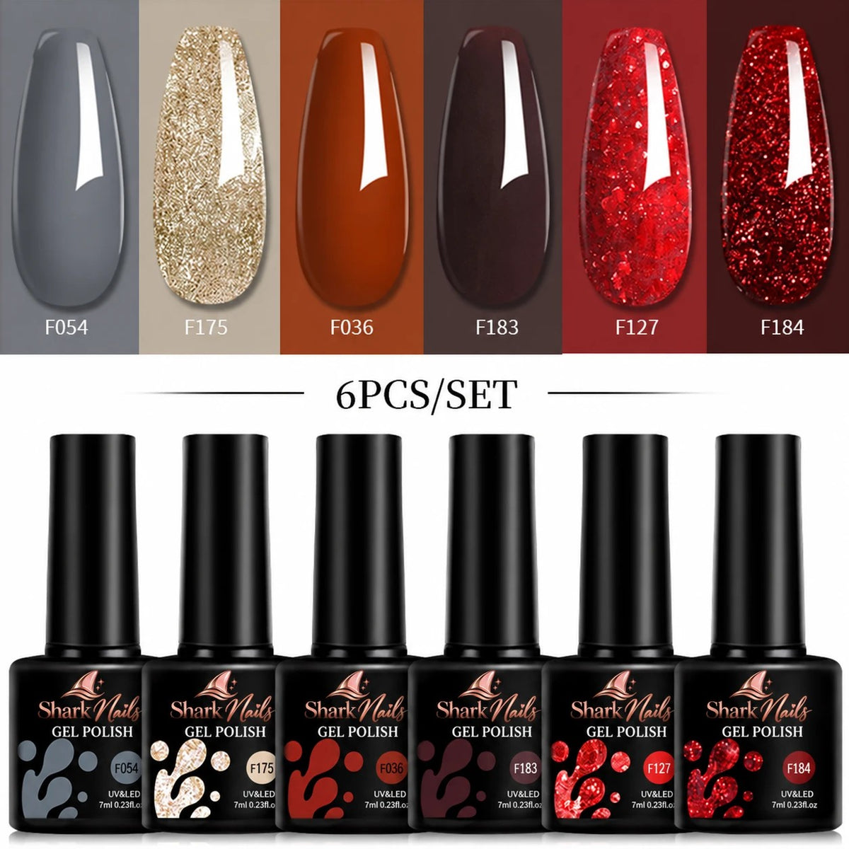 Ember - 6-Piece Autumn Gel Polish Set - six 7ml gel polish bottles with colour swatches