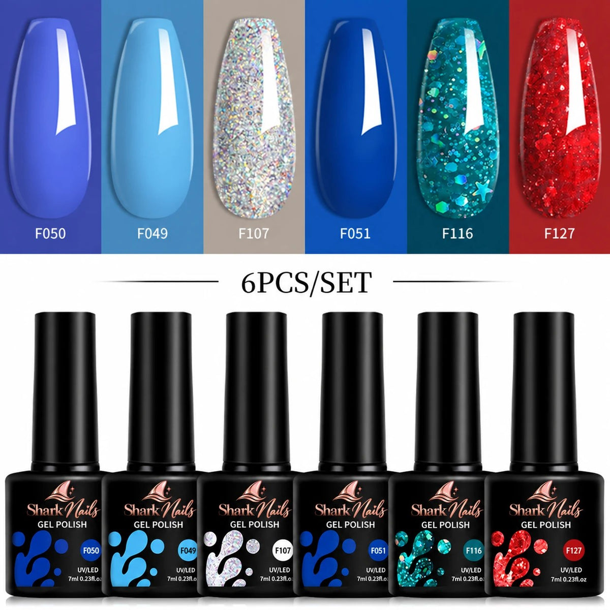 Deep End - 6-Piece Blue Gel Polish Set - six 7ml gel polish bottles with colour swatches