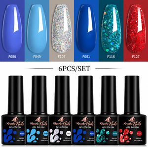 Deep End - 6-Piece Blue Gel Polish Set - six 7ml gel polish bottles with colour swatches