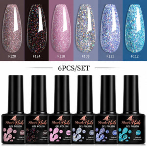 Disco Bite - 6-Piece Glitter Gel Polish Set - six 7ml gel polish bottles with colour swatches