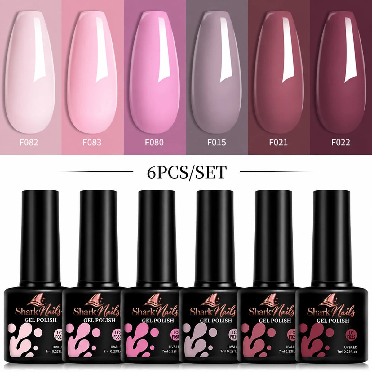 Cashmere - 6-Piece Mauve Gel Polish Set - six 7ml gel polish bottles with colour swatches