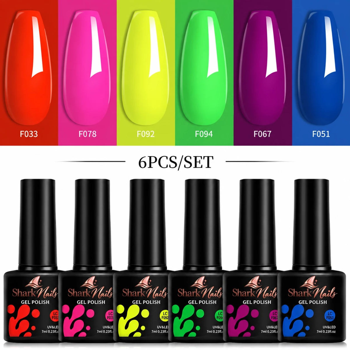 Neon Riot - 6-Piece Neon Gel Polish Set - six 7ml gel polish bottles with colour swatches