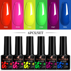 Neon Riot - 6-Piece Neon Gel Polish Set - six 7ml gel polish bottles with colour swatches