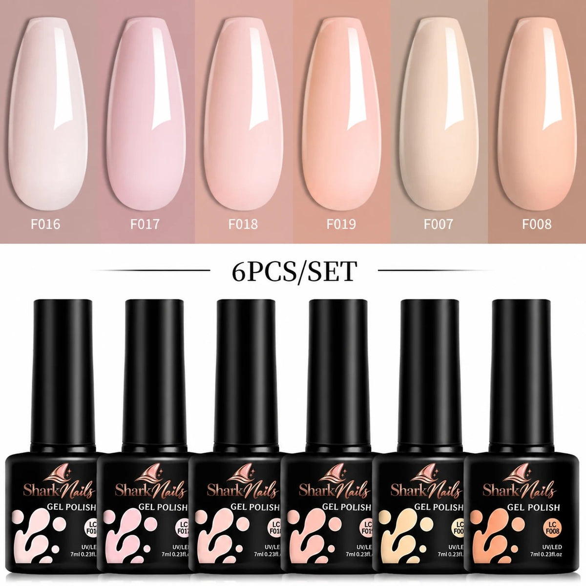 Barely There - 6-Piece Nude Gel Polish Set - six 7ml gel polish bottles with colour swatches